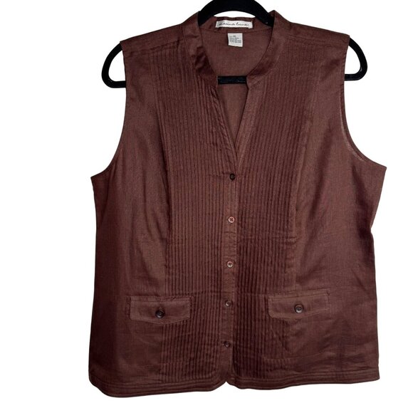 MARINA LUNA 100% Linen Size XL Brown Pintuck Sleveless Blouse VacationSummer Top - Picture 1 of 6